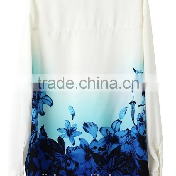 New Women Fashion Blue Floral Pattern Turn Down Collar Chiffon Summer Blouses Ladies Fashion Blouse Shirts photo-2