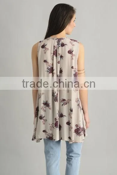 Custom Womens Floral Sleeveless Long Style Swing Tops,Fashion Cotton Printed Sleeveless Blouses For Women photo-4