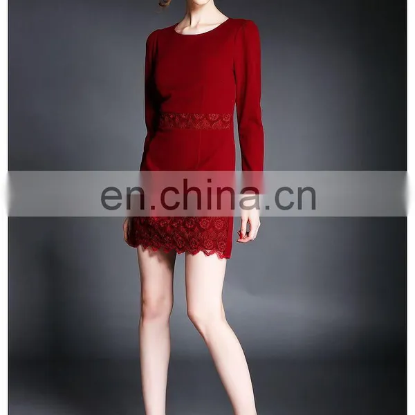 High Quality Ladies Maroon Dress With Lace Trim, Long Sleeve Fashion Autumn Dress photo-5