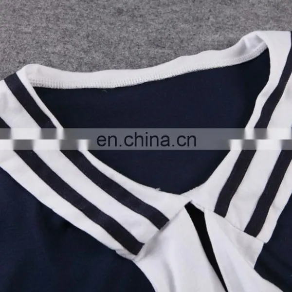 China Supplier 2016 Women Navy Blue Sailor Collar T-Shirt Lady Embroideried Blue Short Sleeve Tops photo-3
