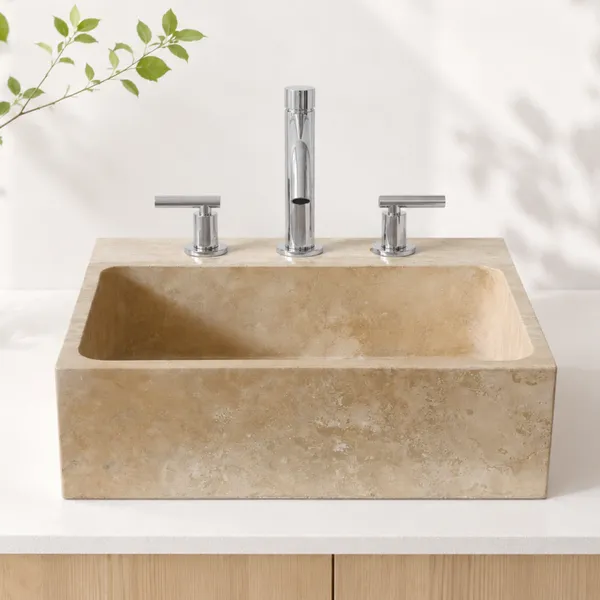 High Quality Rectangular Travertine Marble Factory Custom Vessel Sink Handmade Stone Vanity Bathroom Basin Hotels Villas Garden photo-2