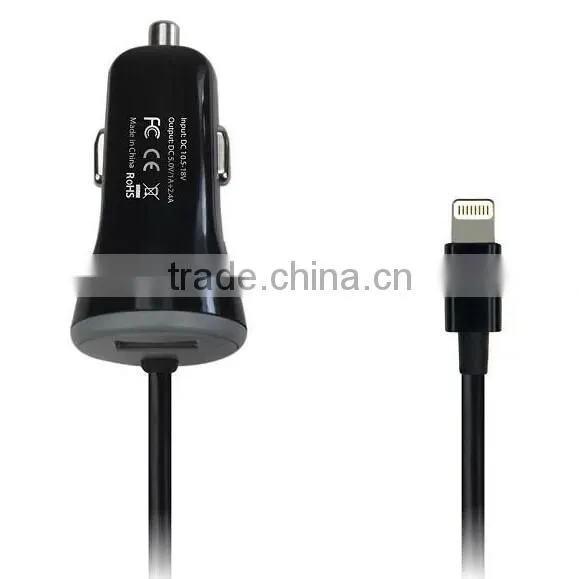 3.4A USB Car Charger with fixed 1M C48 Lightning Cable, CE, FCC, RoHS, MFI