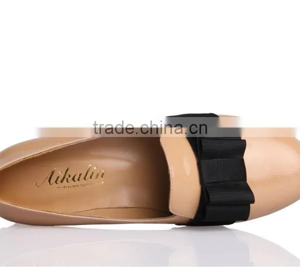 Genuine Leather Apricot Women Flat Bowknot Shoes Heels With Diamond photo-5
