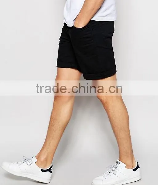 2016 Hot Sale Latest Custom Five Pockets Men's Black Slim Fit 98% Cotton 2% Elastane Stretch Denim Zip Fly Casual Shorts photo-4