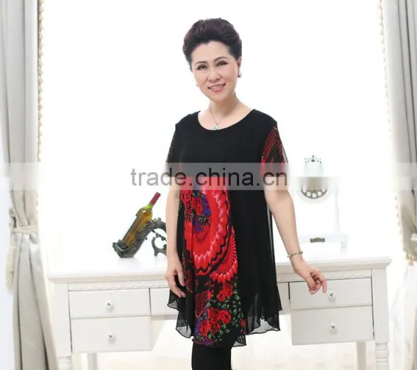 Elegant Lace Formal Short Sleeve Printed Floral Loose Blouses for Old Ladies photo-3