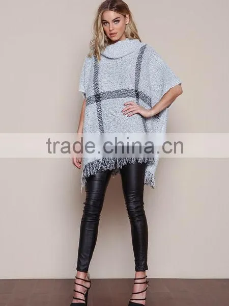 MGOO New Fashion Plaid Pullover Tops Grey Knit Mohair Fringe Poncho Women Winter Popular Clothes photo-2