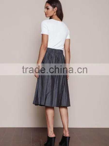MGOO Elegant Hot Sale Black Midi Skirt With Pockets Fashion OEM African Skirts Chambray Flare Dress photo-2