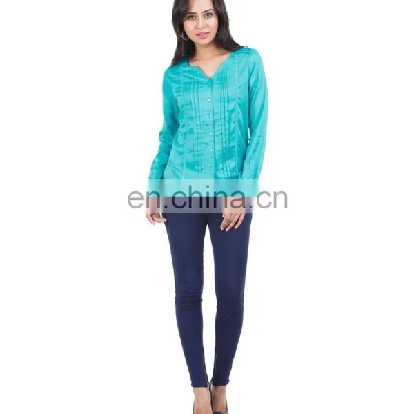 Green Top With Pin Tuck Detailing for Ledies Printed Three Quarter Sleeve Blouse in Chiffon With Lace Collar See Larger Image photo-3