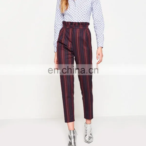 Ladies Formal High Waist Ruffle Trim Striped Trousers Pants Custom Design