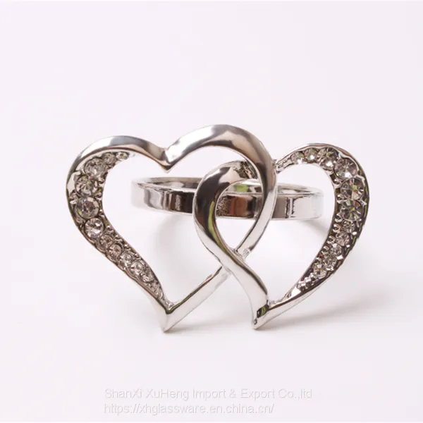 Wholesales Heart-shaped Rhinestone Napkin Ring Holder Silver Wedding photo-3