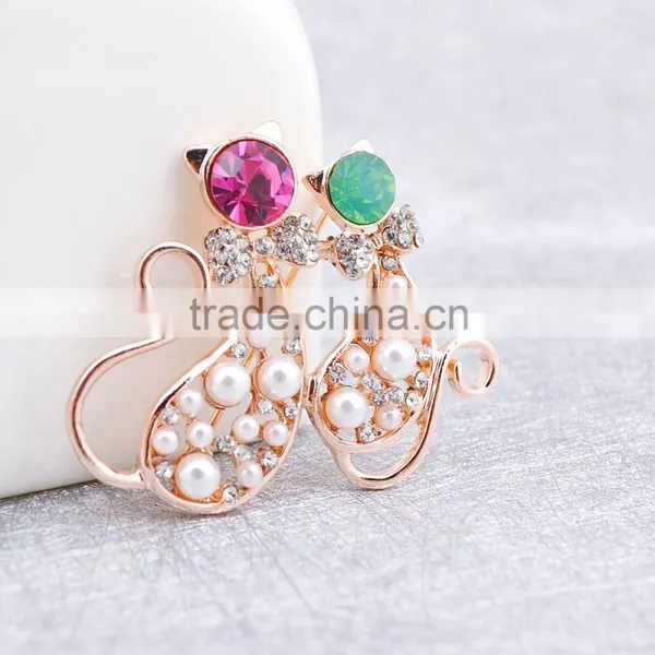 Alloy Brooch Rhinestone Brooch Lovely Double Cat Brooch Pearl Brooch photo-3