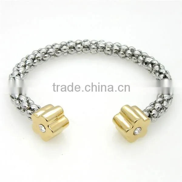 Trendy Women Two Tone Stainless Steel Cuff Bracelet Crystal Flower Bangle Jewelry photo-3