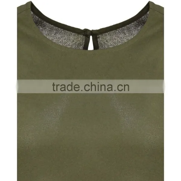 2016 Summer Plain Khaki Sleeveless Shell Tops For Ladies Latest Chiffon Plain Pockets Summer Tops photo-4