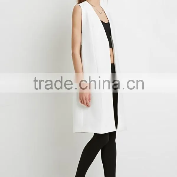 Collarless V-neck Longline Women Vest Woven Vests With Pockets photo-3