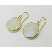 Rainbow Moonstone 18mm Round Bezel Setting Gold Plated Silver Earring