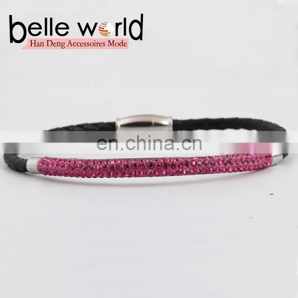 Fashion Leather Braid Titanium Steel Bracelet With Rhinestone photo-3