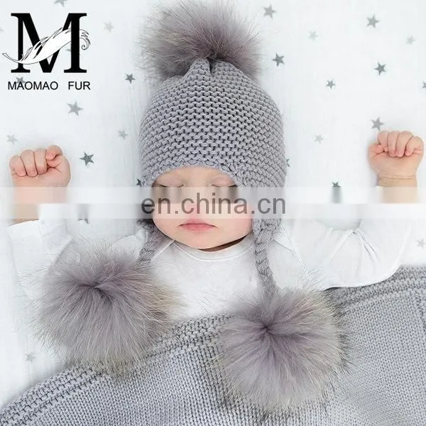 Kids Winter Knitted Hats Children Three Fur Pom Poms Hat Baby Hat With Hair photo-6