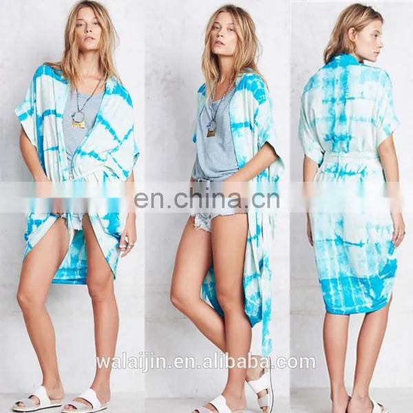 Batwing Short Sleeve Silk Tie Dye Print Kimono, High Quality Ladies Kimono