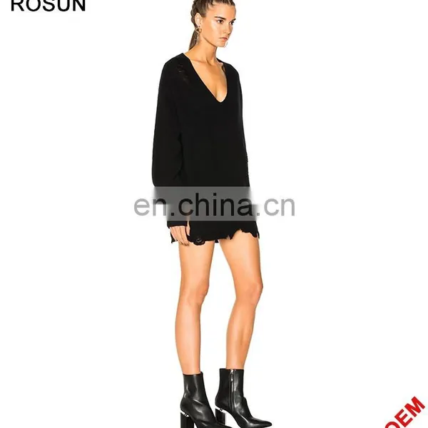 Women Plus Size Black Distressed Deep V Neck Knit Jumper photo-3