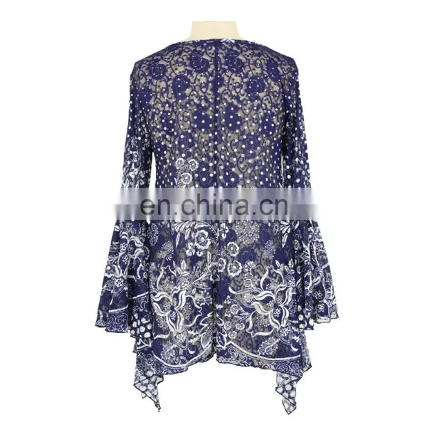 Latest Diamond Blue Flared Sleeve V Neck Floral Print Peplum Hem Blouse photo-2