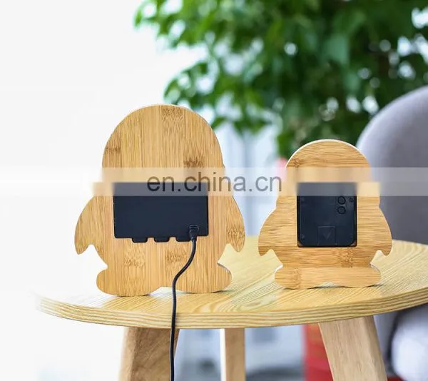 Eco Friendly Animal Penguin Shape Table Top Bamboo Electronic LCD Digital Alarm Clock photo-4