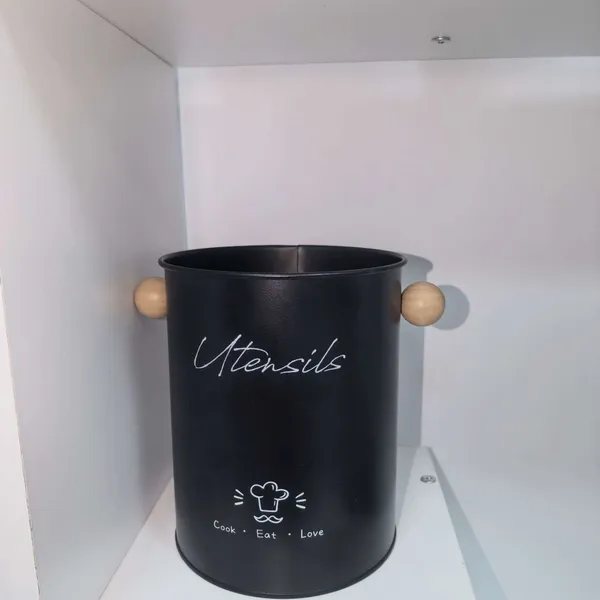 Black Metal Kitchen Utensil Holder With Wooden Knob Handles, Farmhouse Cooking Tool Storage Bucket