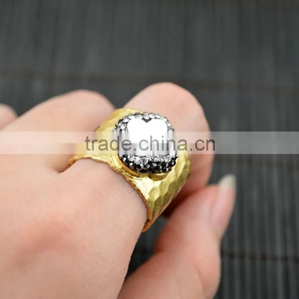 LFD-005R ~ Gold Plated Druzy Shell Pave Rhinestone Crystal Clover Rings For Women Jewelry Finding photo-4