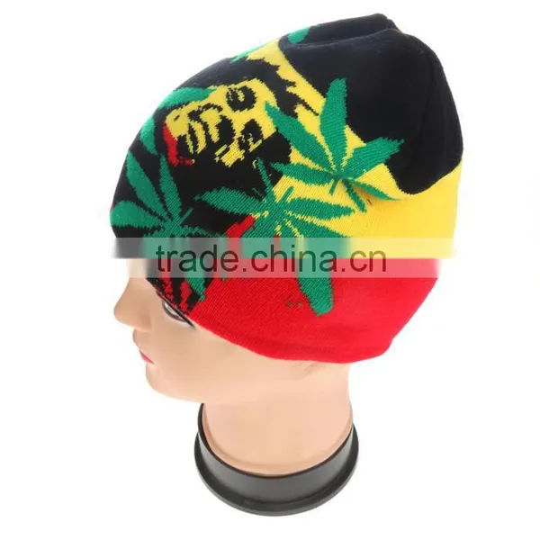 Winter warm knitted beanie with leaf print man knitted hats Crochet arcylic headwear