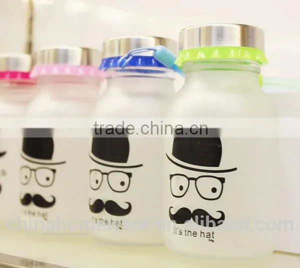 2014year Wholesale Sealing up Lovely Mustache Water Frosted Glass Bottle Student Carrying Bottles