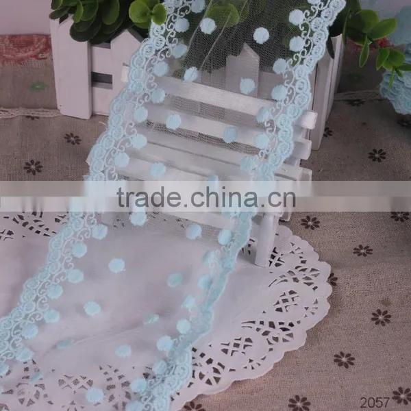 Blue Cotton Embroidered Mesh Lace Trim in Stock