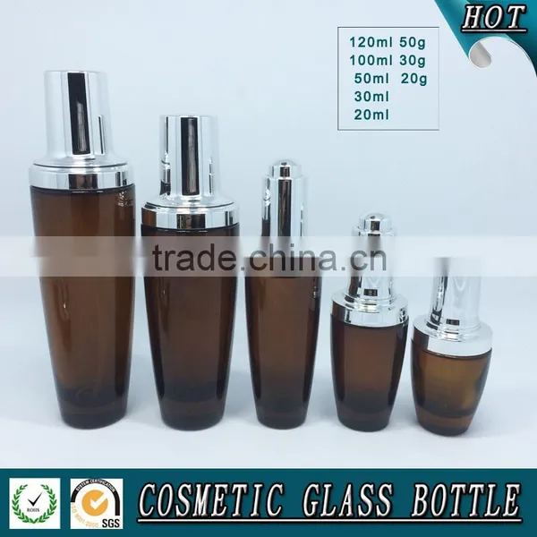 Amber Coloured Cosmetic Glass Lotion Bottles With Silver Pump Cap photo-2