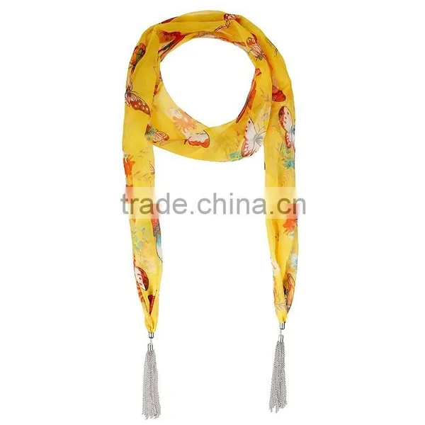 2015 New Design Functional Butterfly Print Scarf, Summer Flower Tassel Scarf photo-4