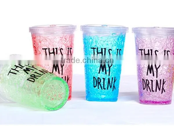 Double Wall Plastic Drinking Mug With Straw Summer Ice Cup