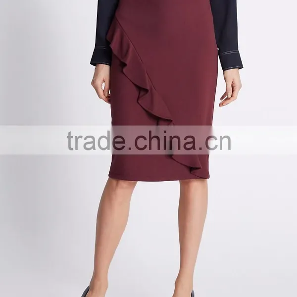 High Quality Wholesale Custom Manufacturer Women Fashion Ruffle Midi Fitted Red High-waisted Pencil Skirt photo-2