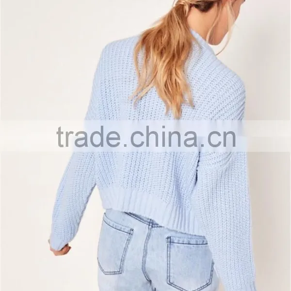 MGOO Women Plain Blue Cable Knit Slouchy Jumper With Drop Shouder Crop Knitwear Sweater photo-2