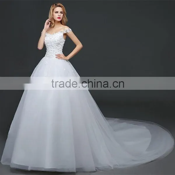 MGOO Stock Off Shoulder Flower Emboridery Beaded Back Straps Crossover Wedding Dress Bride Princess Dress photo-5