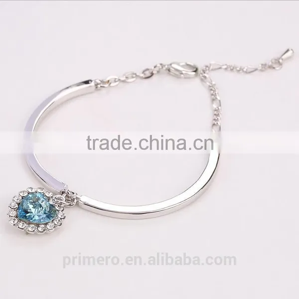 Fashion Ocean Blue Sliver Plated Crystal Rhinestone Heart Charm Bracelet Bangle photo-5