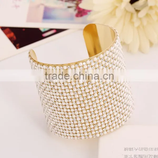 Fashion Full Pearl Rhinestone Open Wide Bracelet Lady Alloy Cuff Bangles photo-2