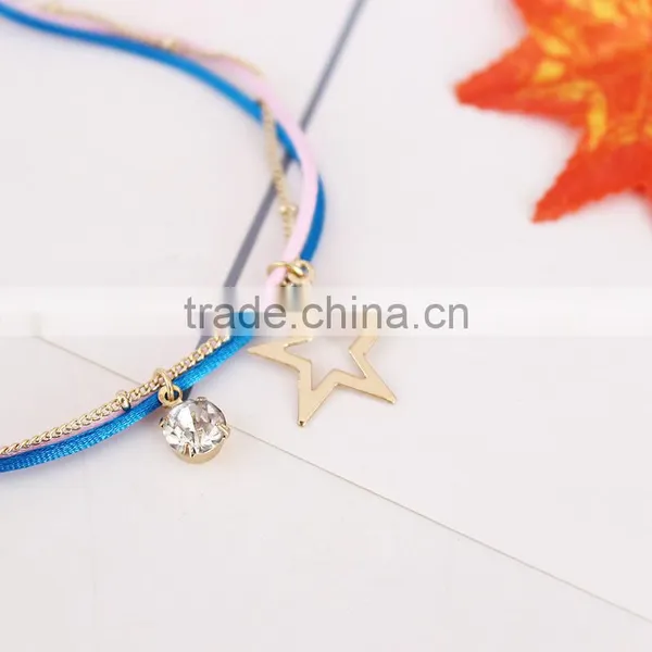 Gold Cross Star Zircon Charms Bracelet Layered Colorful Silk Cord Gold Chain Bracelet photo-2