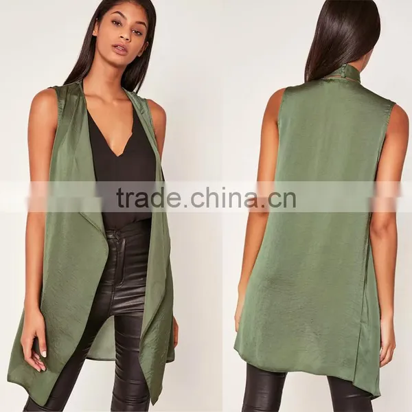 Light Weight Crepe Sleeveless Cardigan Women's Khaki Green Waistcoat photo-5