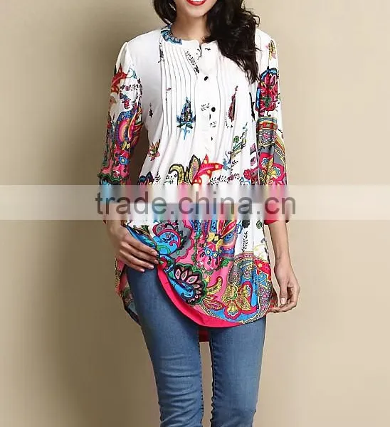 2016 New Women Tops With White Paisley Notch Neck Pin Tuck Tunic Women Blouse Women Clothing GD90426-22