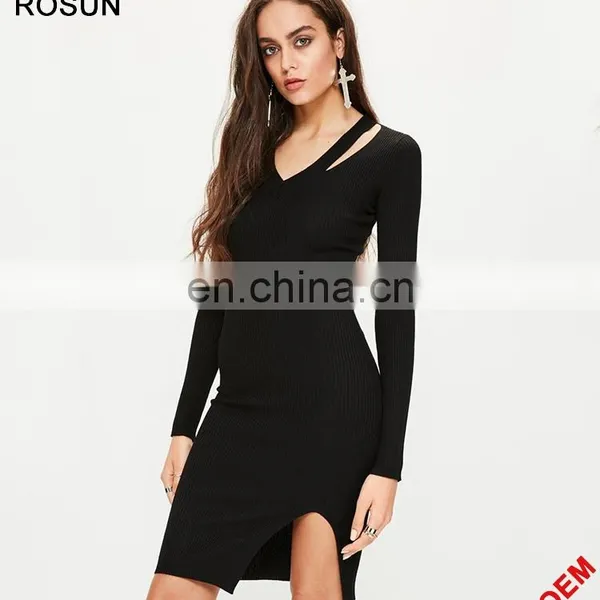 ROSUN China Factory OEM Cut Out V Neck Ribbed Midi Sweater Dress photo-3