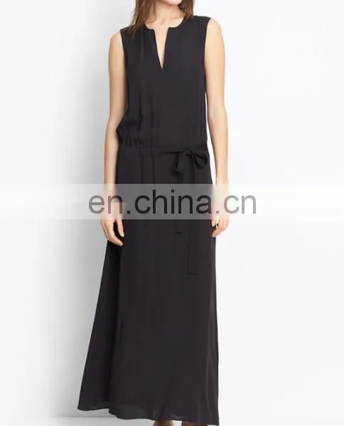 Plain Black Casual Flare Maix Dress v Neck Sleeveless Tie Waist Dress for Woman