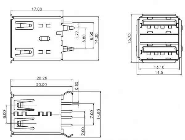USB A Type Female USB 2.0 Header Double Stack Connector, Right Angle PCB Mount Usb Connector photo-4