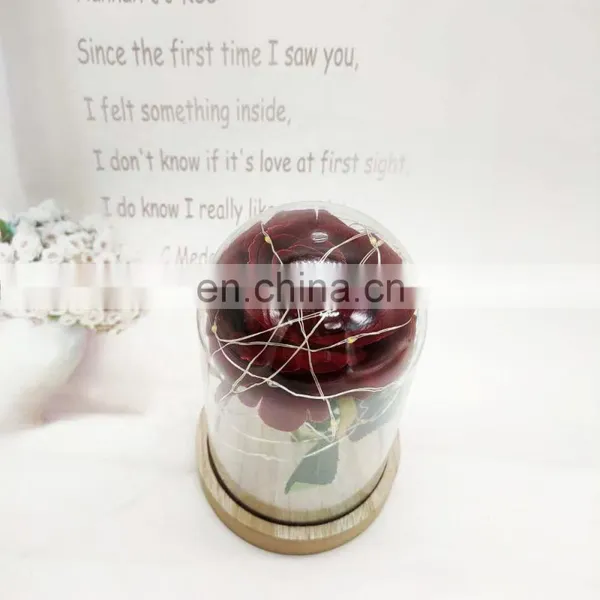 Red Rose And Copper Wire String Light In Flower Glass Dome Cover With Wood Base For Valentine's Day Wedding Decoration photo-6