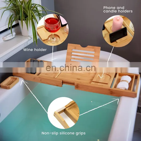 Luxury Extendable Bathtub Caddy Trays Natural Bamboo Bathroom Bed Organizer Tray Bamboo Bathtub Caddy Tray photo-3