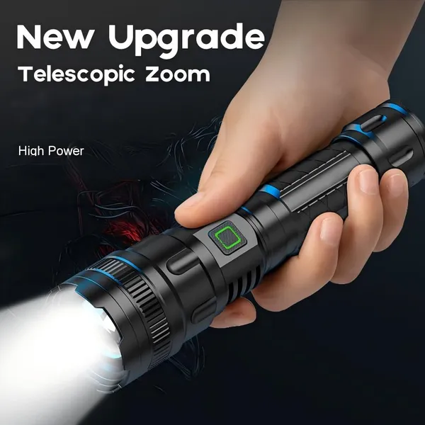 450LM White Laser LED Flashlight Telescopic Zoom Rechargeable Torch Aluminum Alloy IP44 Waterproof Type-C Charging for Outdoor Camping Daily Carry