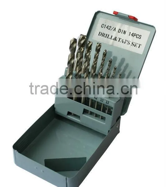14pcs hss spiral fluted tap and drill sets,DIN371/376