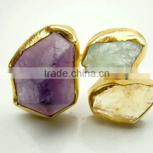 Amethyst, Aquamarine & Citrine Raw Natural Gemstones Ring, Matt Finish Adjustable Rings, 925 Solid Sterling Silver Vermeil Rings photo-2