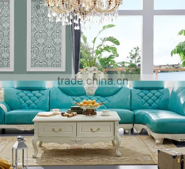 Graceful European Style Living Room Furniture Solid Wood Lily Carving Leather Corner Sofa Set photo-2